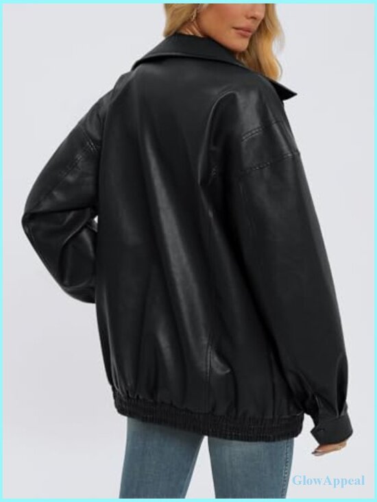 Oversized Faux Leather Motorcycle Jacket with Zipper Closure Long Sleeve - Picture 4 of 5